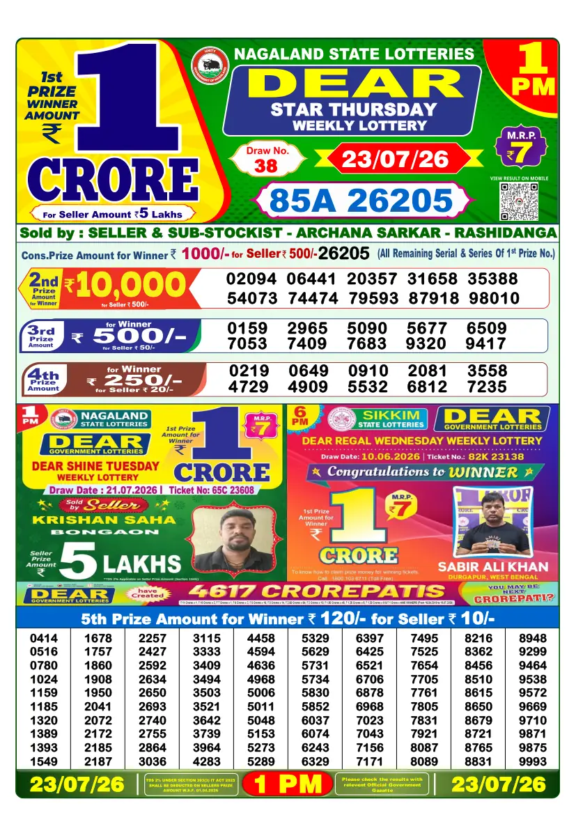 Nagaland State Lottery Result 1 PM - Morning Draw winning numbers 23 July 2026